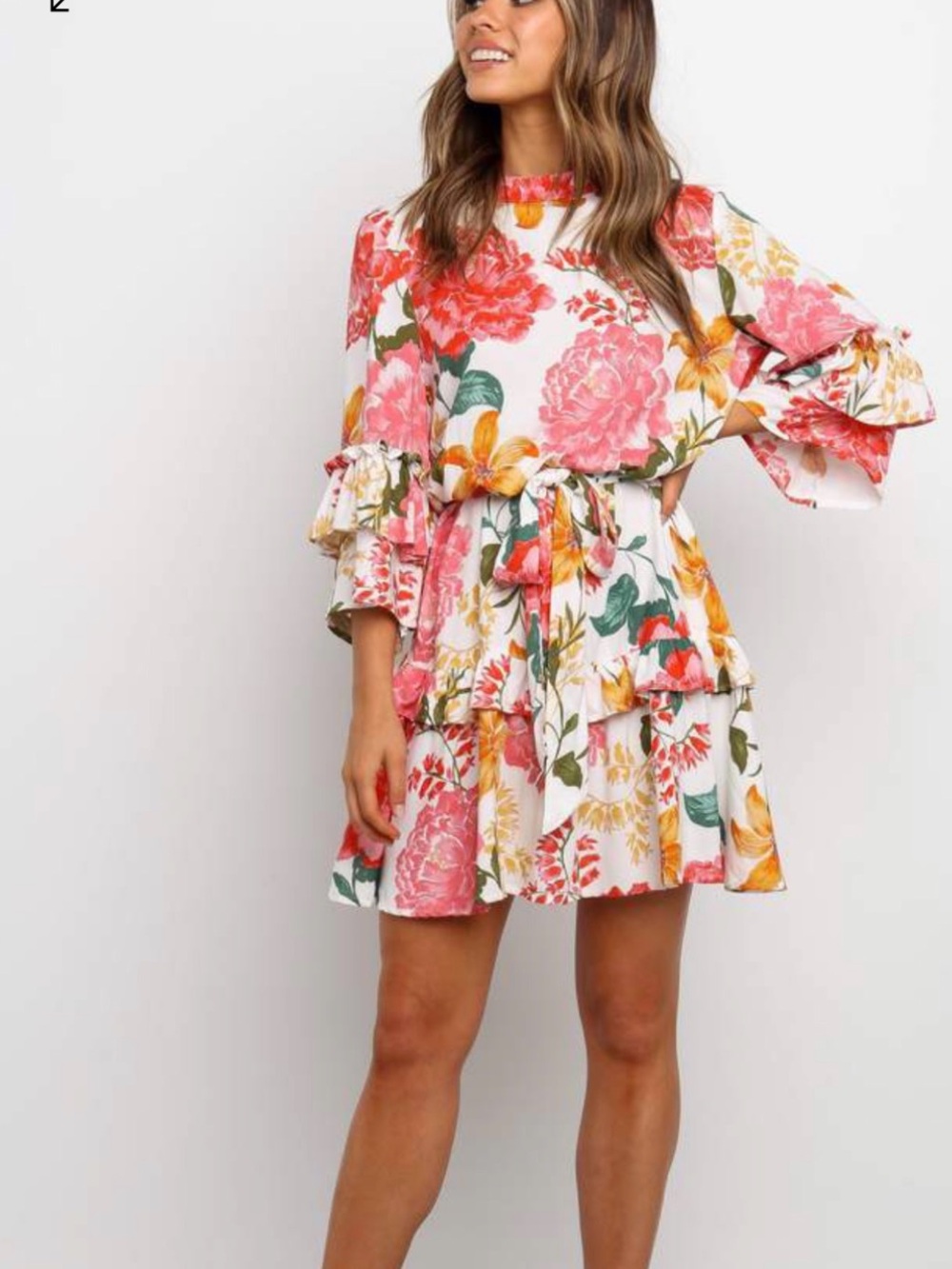 Petal & Pup Floral Tiered Mini Dress in White, Pink & Yellow